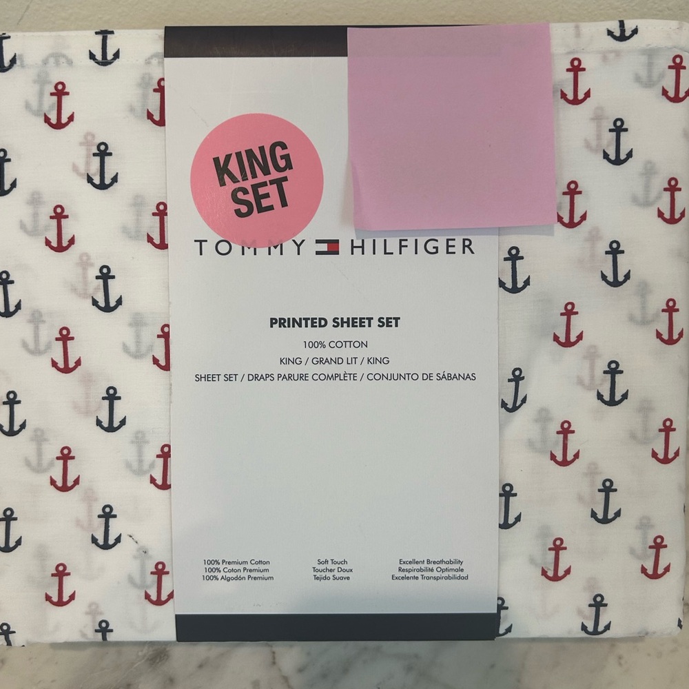 Tommy Hilfiger King Sheet Set Red White Blue Anchor Nautical